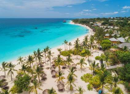 White-sand beach and turquoise water in Zanzibar
